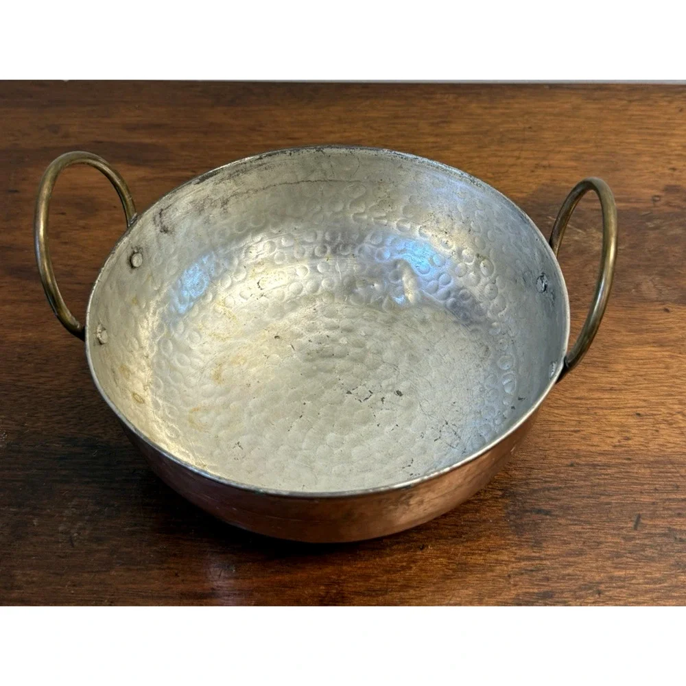 Vintage Hammered Copper Bowl Pot Tin Lined Brass Handles 6